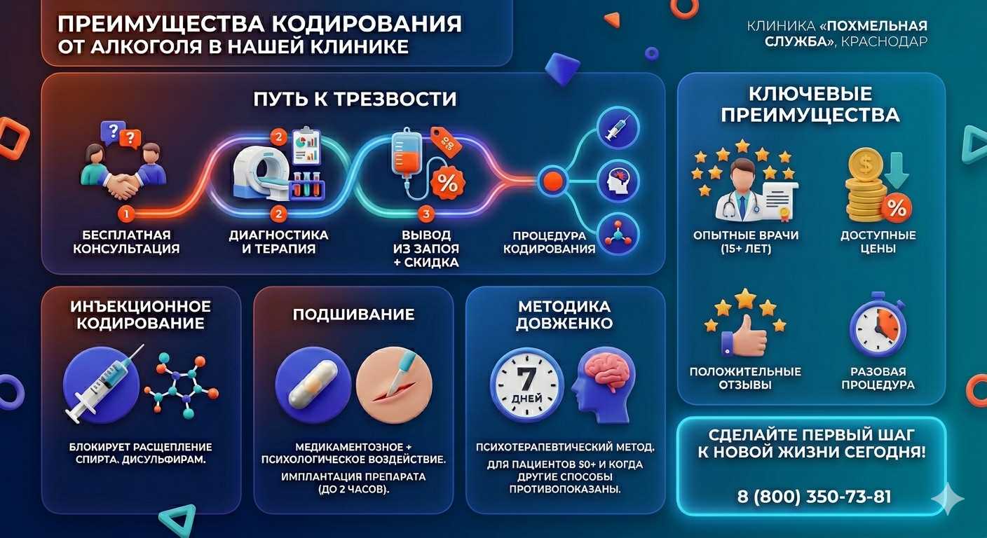 Инфографика о методах кодирования от алкоголя в Вытегре: инъекции, подшивание, метод Довженко. Преимущества клиники и этапы лечения.
